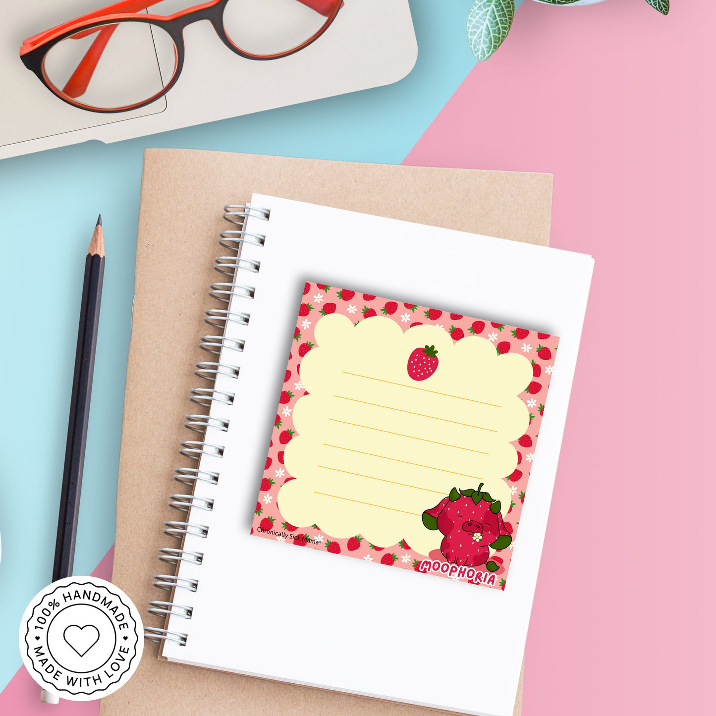 Summer Strawberry Moo  - Cute Kawaii Cow Mini Memo Notepad