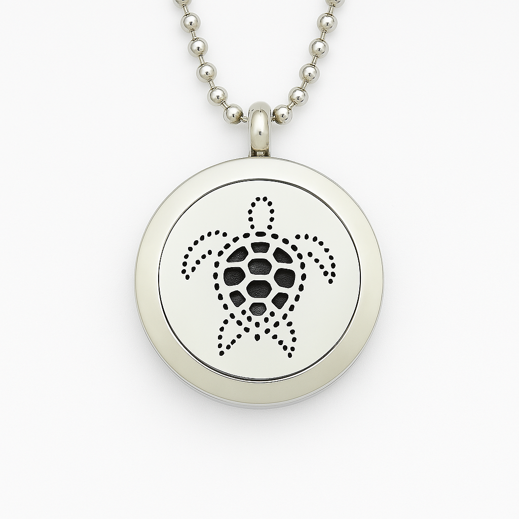 Silver necklace with a round pendant featuring a turtle design on a white background