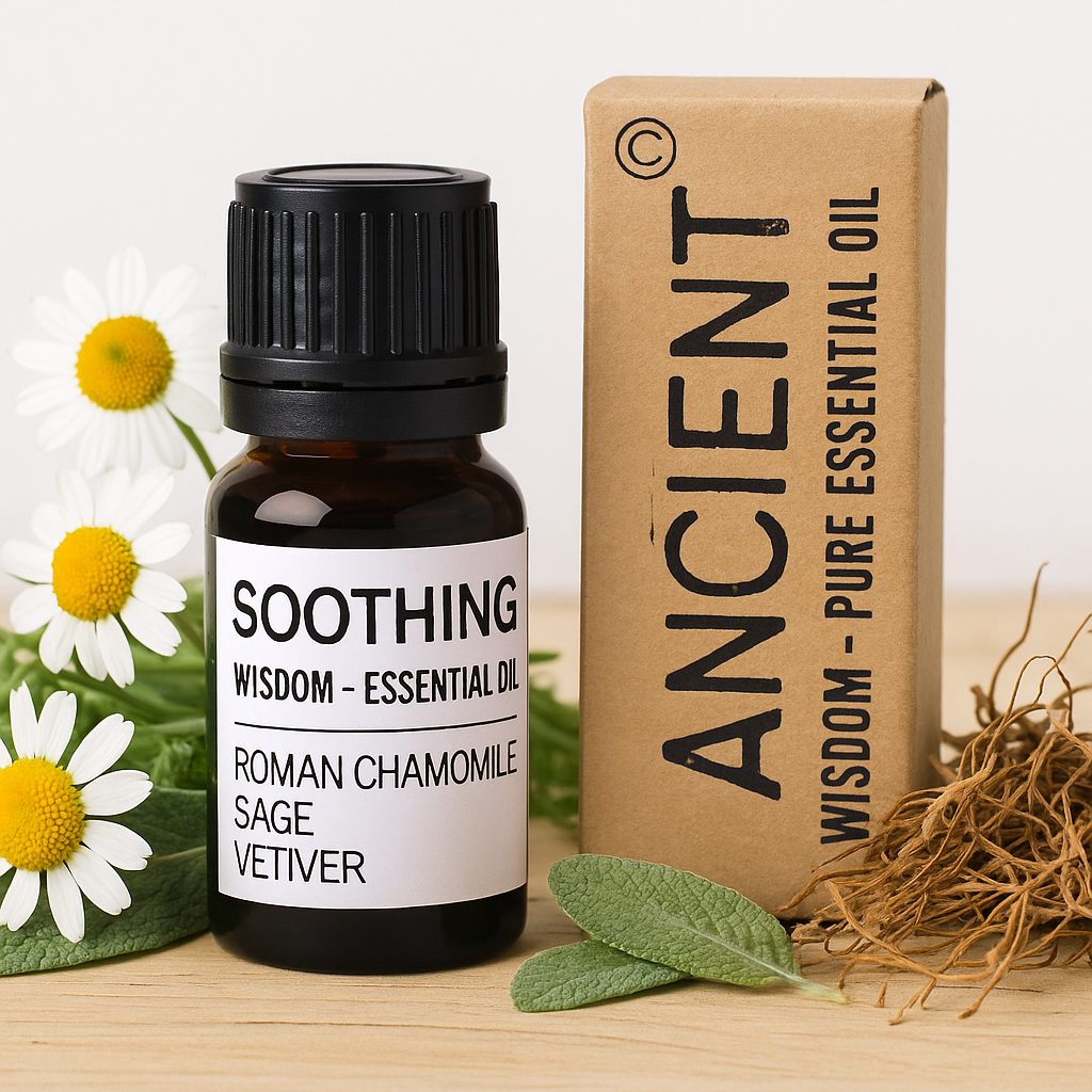 Essential oil bottle labeled 'Soothing' with a cardboard box labeled 'Ancient Wisdom' on a wooden surface.