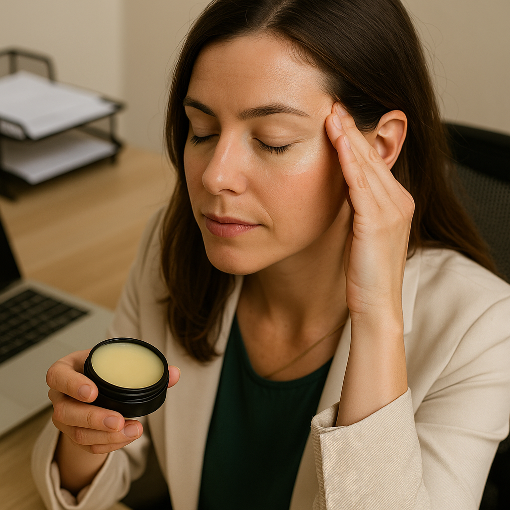 Woman applying cream to her face with a container in an office setting