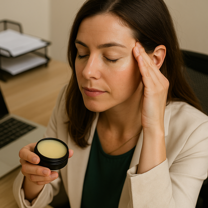 Woman applying cream to her face with a container in an office setting