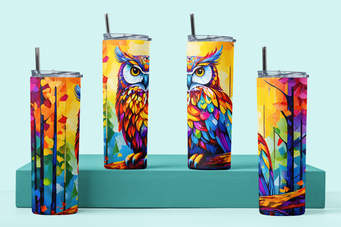 Rainbow  Owl Two | Rainbow Pastures Multicolour Animals |  Anti Slip Thermal Tumbler