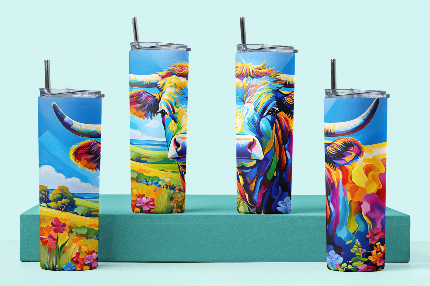 Rainbow Dairy Cow Three | Rainbow Pastures Multicolour Animals |  Anti Slip Thermal Tumbler