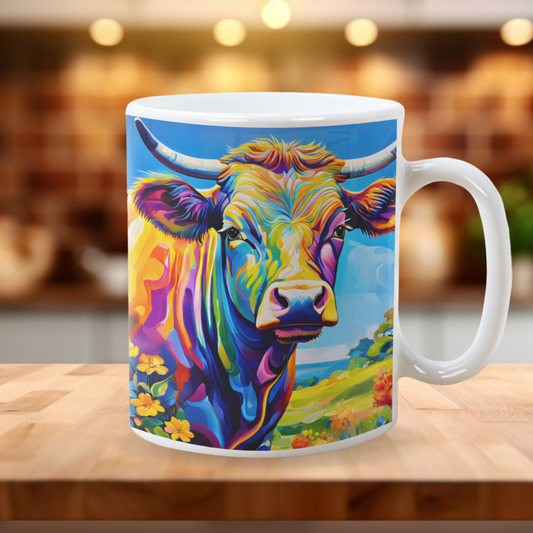 Rainbow Pastures – Colourful Cow Mug - (Design 11)